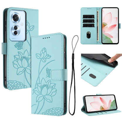 OPPO Reno11 F Lotus Embossed PU Leather Wallet Phone Case with Card Holder, Cash Pocket, Magnetic Flip Stand Cover, Wrist Lanyard Strap, Shockproof TPU Protective Folio Case - Purple
