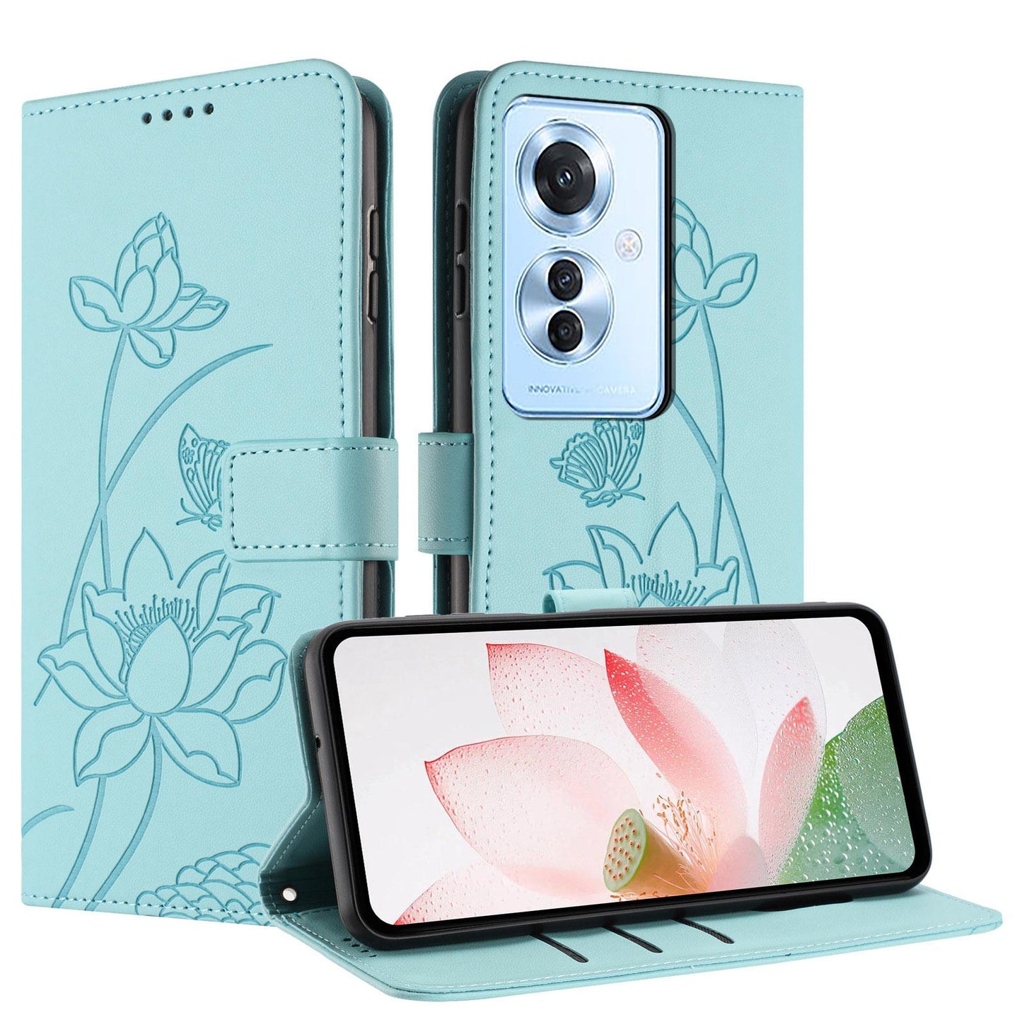 OPPO Reno11 F Lotus Embossed PU Leather Wallet Phone Case with Card Holder, Cash Pocket, Magnetic Flip Stand Cover, Wrist Lanyard Strap, Shockproof TPU Protective Folio Case - Purple