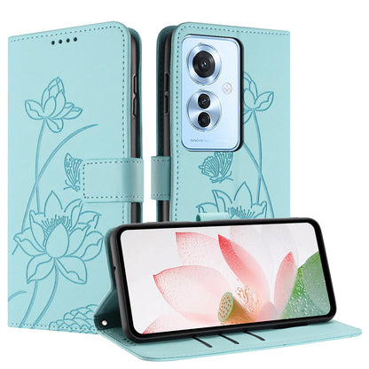 OPPO Reno11 F Lotus Embossed PU Leather Wallet Phone Case with Card Holder, Cash Pocket, Magnetic Flip Stand Cover, Wrist Lanyard Strap, Shockproof TPU Protective Folio Case - Purple