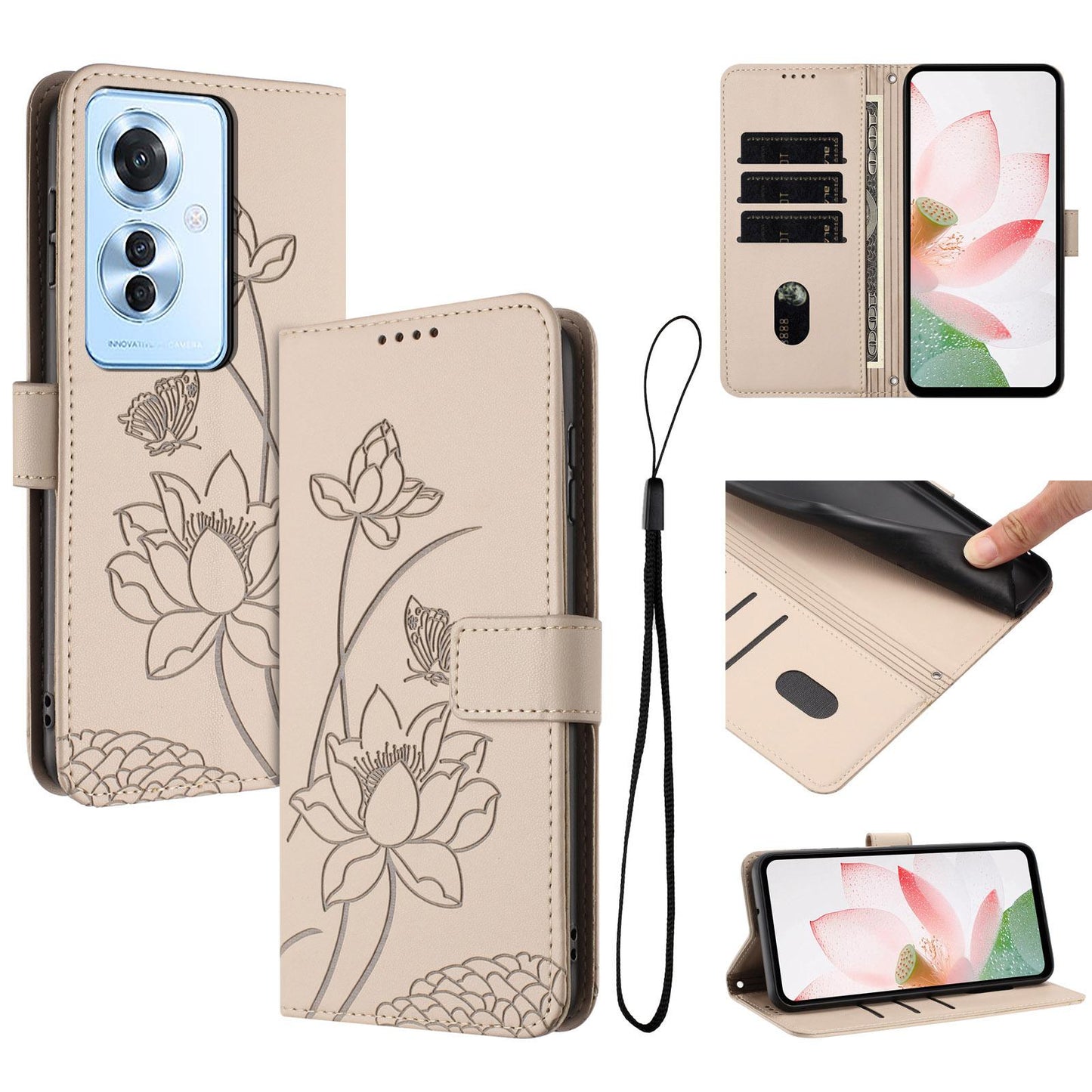 OPPO Reno11 F Lotus Embossed PU Leather Wallet Phone Case with Card Holder, Cash Pocket, Magnetic Flip Stand Cover, Wrist Lanyard Strap, Shockproof TPU Protective Folio Case - Purple