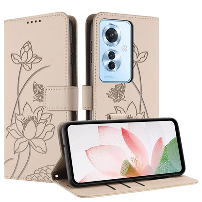 OPPO Reno11 F Lotus Embossed PU Leather Wallet Phone Case with Card Holder, Cash Pocket, Magnetic Flip Stand Cover, Wrist Lanyard Strap, Shockproof TPU Protective Folio Case - Purple