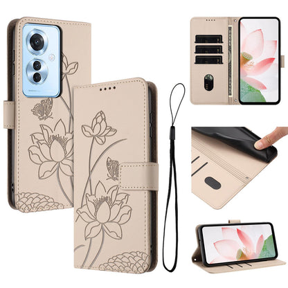 OPPO F25 Pro Lotus Embossed PU Leather Wallet Phone Case with Card Holder, Cash Pocket, Magnetic Flip Stand Cover, Wrist Lanyard Strap, Shockproof TPU Protective Folio Case - Purple