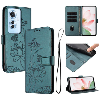 OPPO Reno11 F Lotus Embossed PU Leather Wallet Phone Case with Card Holder, Cash Pocket, Magnetic Flip Stand Cover, Wrist Lanyard Strap, Shockproof TPU Protective Folio Case - Purple