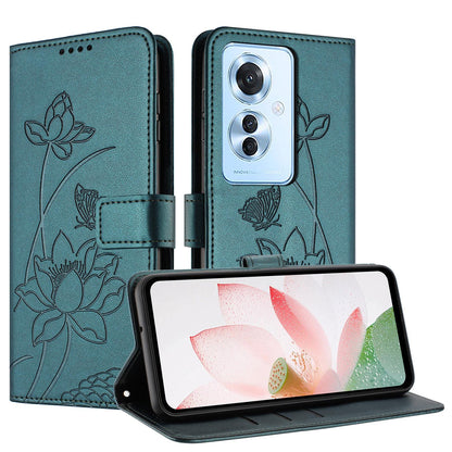 OPPO Reno11 F Lotus Embossed PU Leather Wallet Phone Case with Card Holder, Cash Pocket, Magnetic Flip Stand Cover, Wrist Lanyard Strap, Shockproof TPU Protective Folio Case - Purple