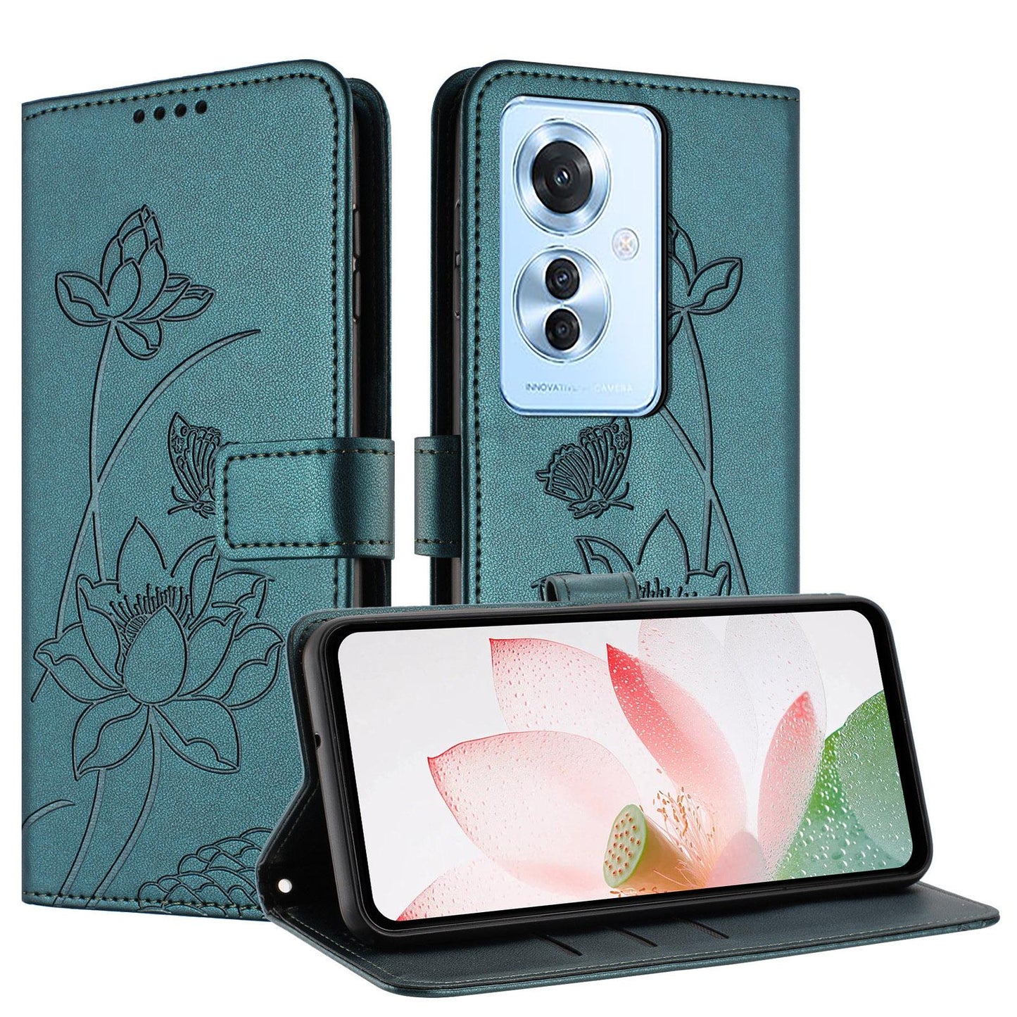 OPPO F25 Pro Lotus Embossed PU Leather Wallet Phone Case with Card Holder, Cash Pocket, Magnetic Flip Stand Cover, Wrist Lanyard Strap, Shockproof TPU Protective Folio Case - Purple