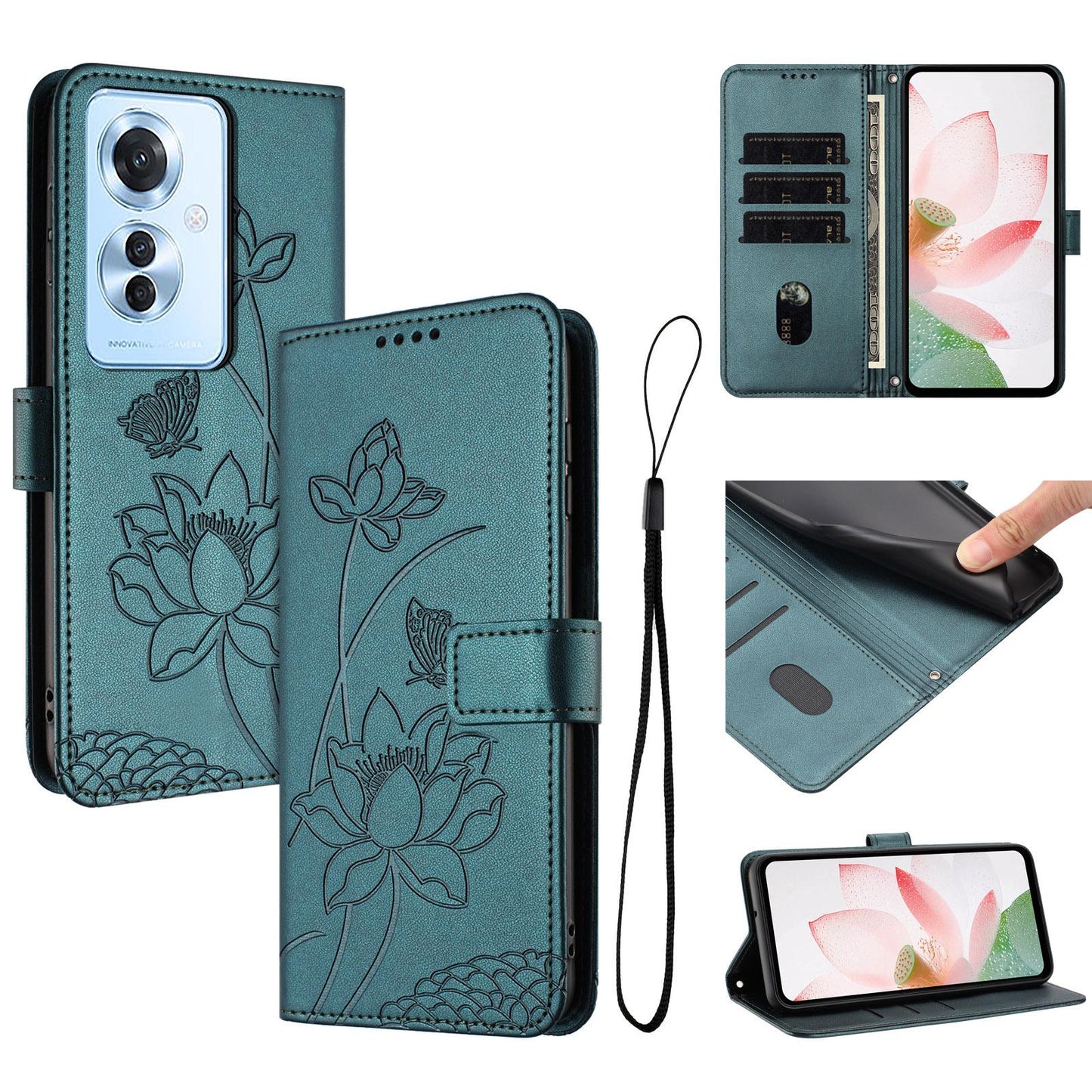 OPPO F25 Pro Lotus Embossed PU Leather Wallet Phone Case with Card Holder, Cash Pocket, Magnetic Flip Stand Cover, Wrist Lanyard Strap, Shockproof TPU Protective Folio Case - Purple