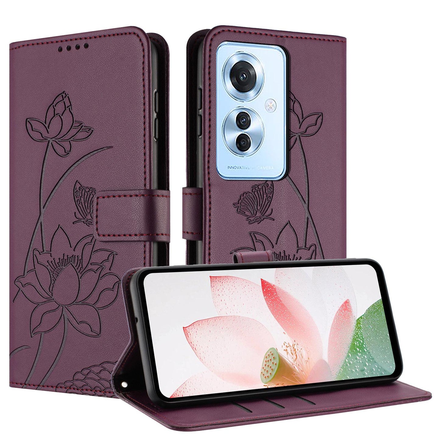 OPPO Reno11 F Lotus Embossed PU Leather Wallet Phone Case with Card Holder, Cash Pocket, Magnetic Flip Stand Cover, Wrist Lanyard Strap, Shockproof TPU Protective Folio Case - Purple