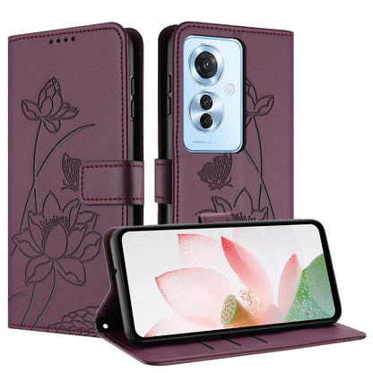 OPPO Reno11 F Lotus Embossed PU Leather Wallet Phone Case with Card Holder, Cash Pocket, Magnetic Flip Stand Cover, Wrist Lanyard Strap, Shockproof TPU Protective Folio Case - Purple