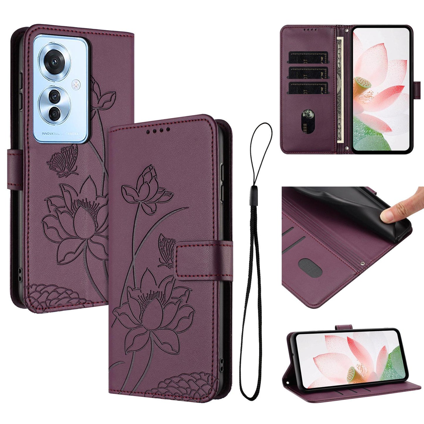 OPPO F25 Pro Lotus Embossed PU Leather Wallet Phone Case with Card Holder, Cash Pocket, Magnetic Flip Stand Cover, Wrist Lanyard Strap, Shockproof TPU Protective Folio Case - Purple