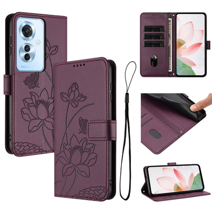 OPPO F25 Pro Lotus Embossed PU Leather Wallet Phone Case with Card Holder, Cash Pocket, Magnetic Flip Stand Cover, Wrist Lanyard Strap, Shockproof TPU Protective Folio Case - Purple