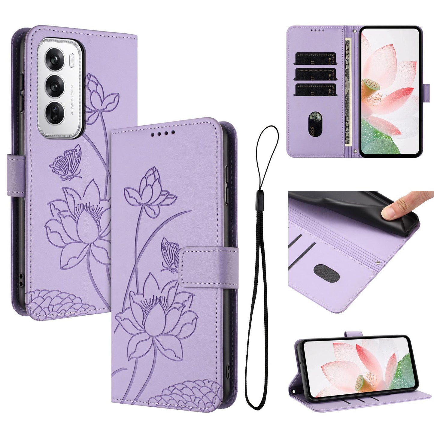 OPPO Reno12 5G Lotus Embossed PU Leather Wallet Phone Case with Card Holder, Cash Pocket, Magnetic Flip Stand Cover, Wrist Lanyard Strap, Shockproof TPU Protective Folio Case - Purple