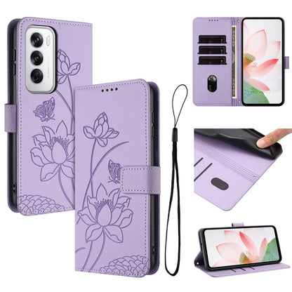 OPPO Reno12 5G Lotus Embossed PU Leather Wallet Phone Case with Card Holder, Cash Pocket, Magnetic Flip Stand Cover, Wrist Lanyard Strap, Shockproof TPU Protective Folio Case - Purple