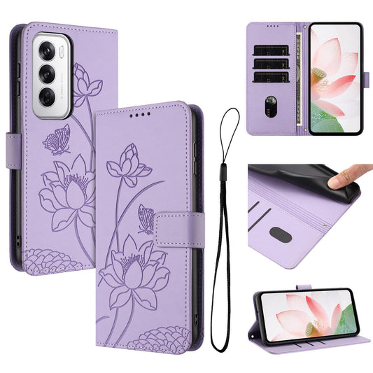 OPPO Reno12 5G Lotus Embossed PU Leather Wallet Phone Case with Card Holder, Cash Pocket, Magnetic Flip Stand Cover, Wrist Lanyard Strap, Shockproof TPU Protective Folio Case - Purple