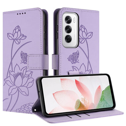 OPPO Reno12 5G Lotus Embossed PU Leather Wallet Phone Case with Card Holder, Cash Pocket, Magnetic Flip Stand Cover, Wrist Lanyard Strap, Shockproof TPU Protective Folio Case - Purple