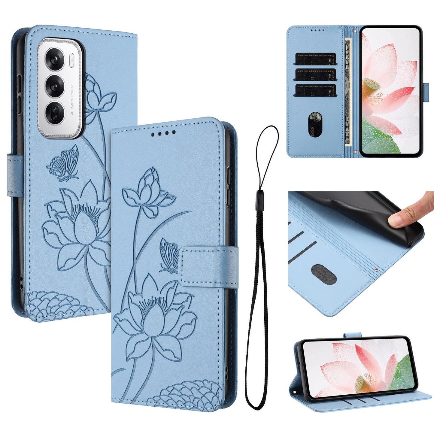 OPPO Reno12 5G Lotus Embossed PU Leather Wallet Phone Case with Card Holder, Cash Pocket, Magnetic Flip Stand Cover, Wrist Lanyard Strap, Shockproof TPU Protective Folio Case - Purple
