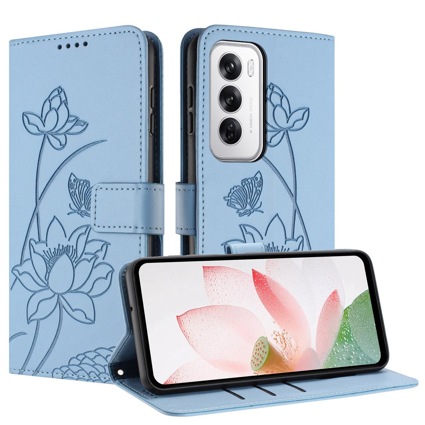 OPPO Reno12 5G Lotus Embossed PU Leather Wallet Phone Case with Card Holder, Cash Pocket, Magnetic Flip Stand Cover, Wrist Lanyard Strap, Shockproof TPU Protective Folio Case - Purple