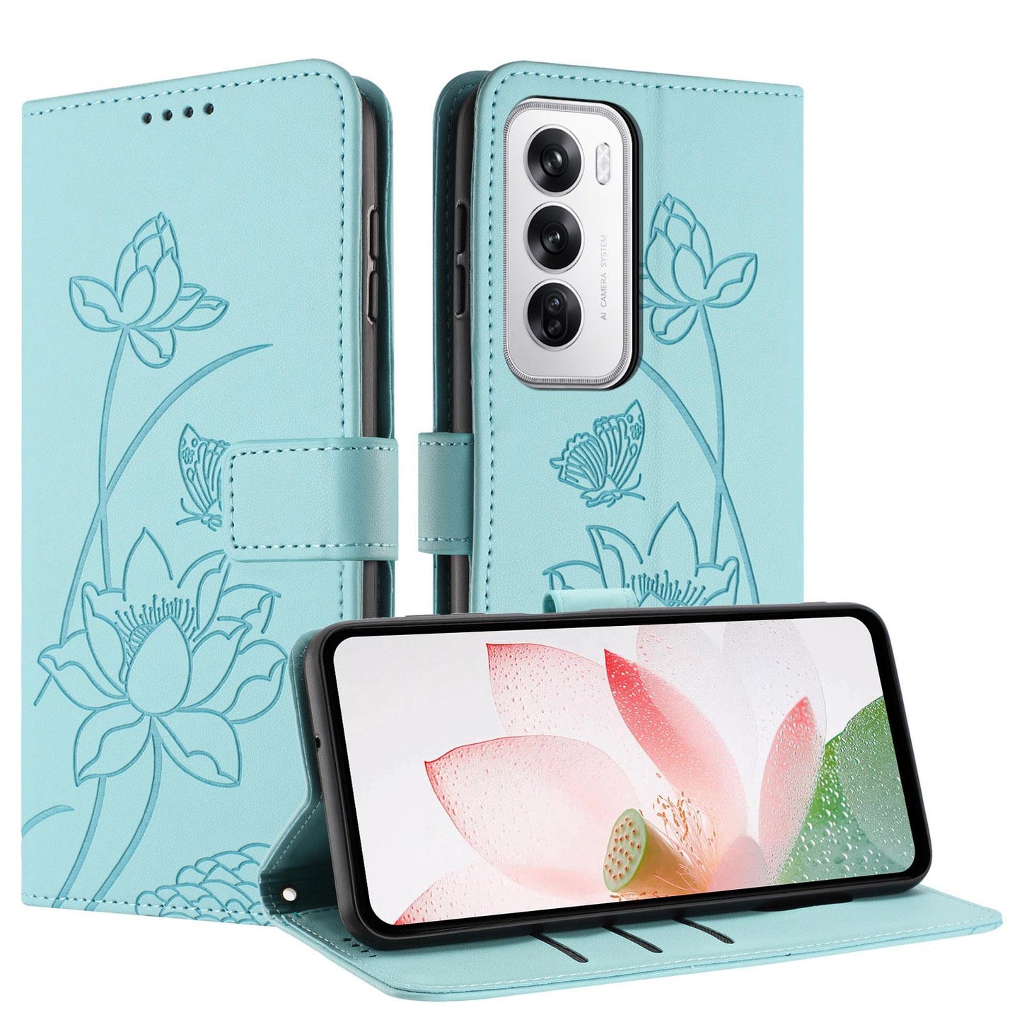 OPPO Reno12 5G Lotus Embossed PU Leather Wallet Phone Case with Card Holder, Cash Pocket, Magnetic Flip Stand Cover, Wrist Lanyard Strap, Shockproof TPU Protective Folio Case - Purple
