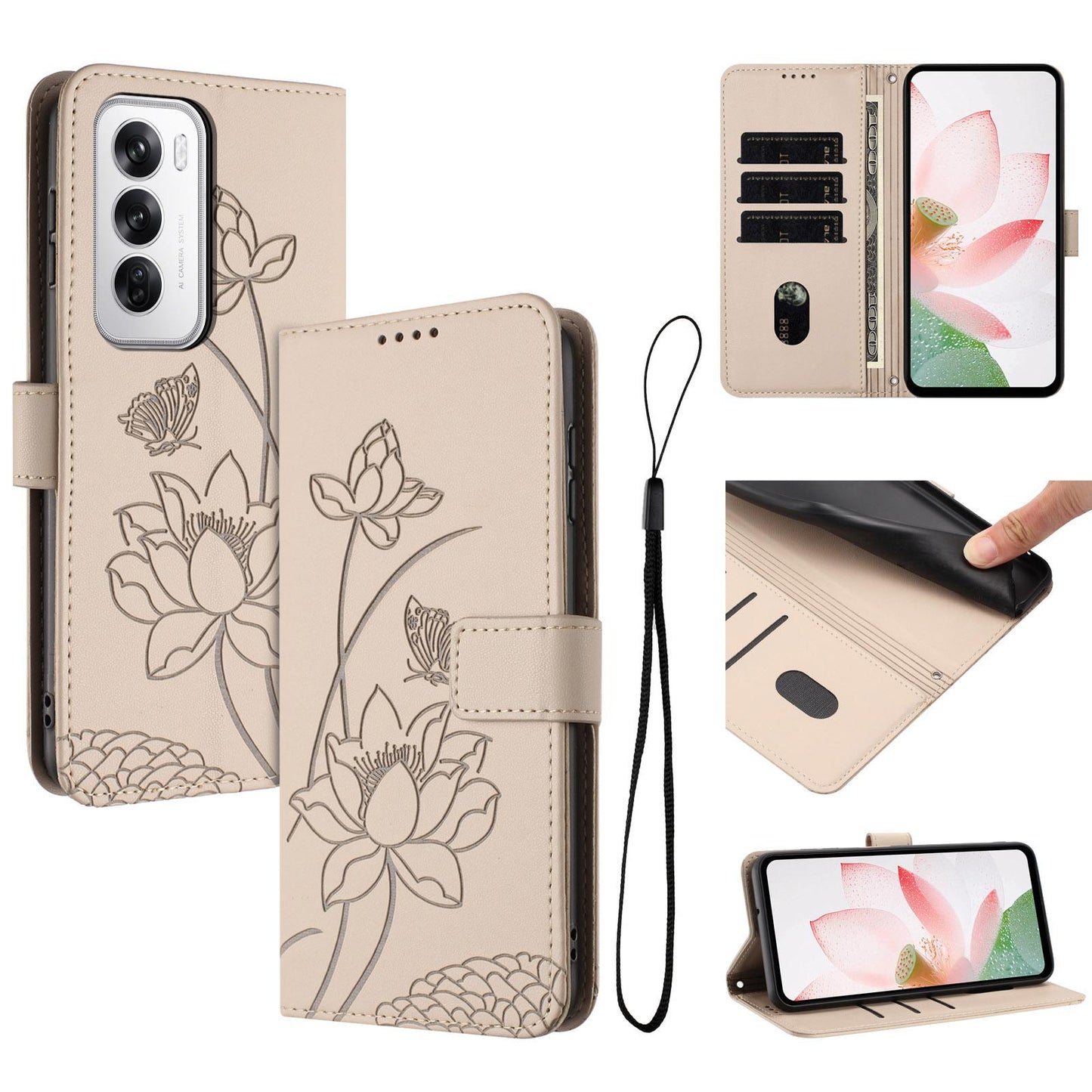 OPPO Reno12 5G Lotus Embossed PU Leather Wallet Phone Case with Card Holder, Cash Pocket, Magnetic Flip Stand Cover, Wrist Lanyard Strap, Shockproof TPU Protective Folio Case - Purple