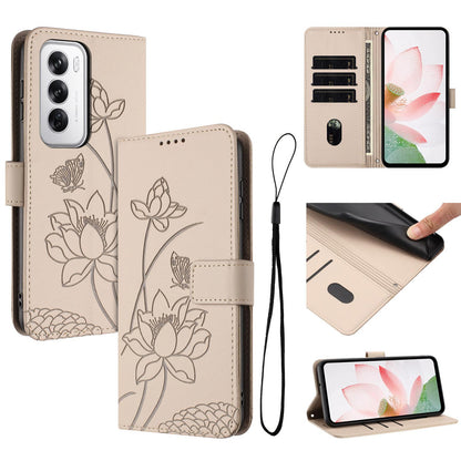 OPPO Reno12 5G Lotus Embossed PU Leather Wallet Phone Case with Card Holder, Cash Pocket, Magnetic Flip Stand Cover, Wrist Lanyard Strap, Shockproof TPU Protective Folio Case - Purple