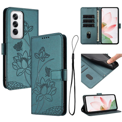 OPPO Reno12 5G Lotus Embossed PU Leather Wallet Phone Case with Card Holder, Cash Pocket, Magnetic Flip Stand Cover, Wrist Lanyard Strap, Shockproof TPU Protective Folio Case - Purple