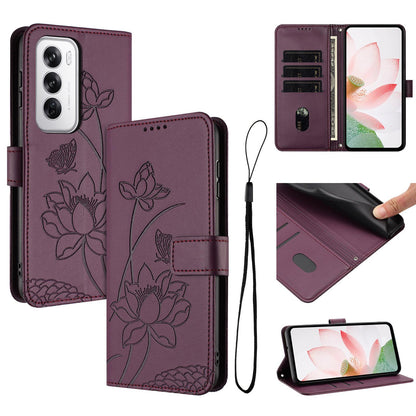 OPPO Reno12 5G Lotus Embossed PU Leather Wallet Phone Case with Card Holder, Cash Pocket, Magnetic Flip Stand Cover, Wrist Lanyard Strap, Shockproof TPU Protective Folio Case - Purple