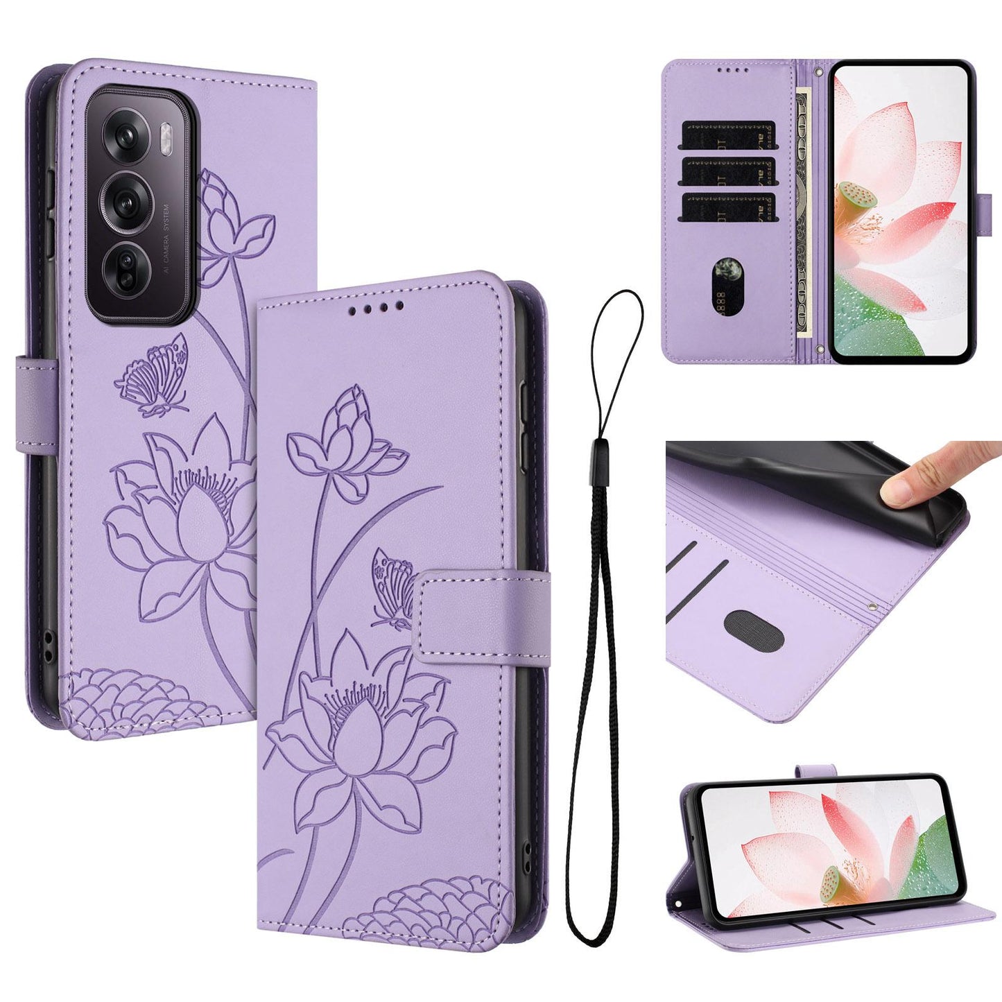 OPPO Reno12 Pro 5G Lotus Embossed PU Leather Wallet Phone Case with Card Holder, Cash Pocket, Magnetic Flip Stand Cover, Wrist Lanyard Strap, Shockproof TPU Protective Folio Case - Purple