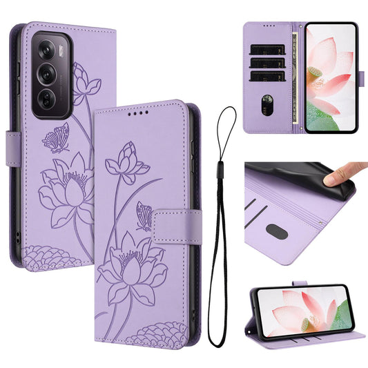 OPPO Reno12 Pro 5G Lotus Embossed PU Leather Wallet Phone Case with Card Holder, Cash Pocket, Magnetic Flip Stand Cover, Wrist Lanyard Strap, Shockproof TPU Protective Folio Case - Purple