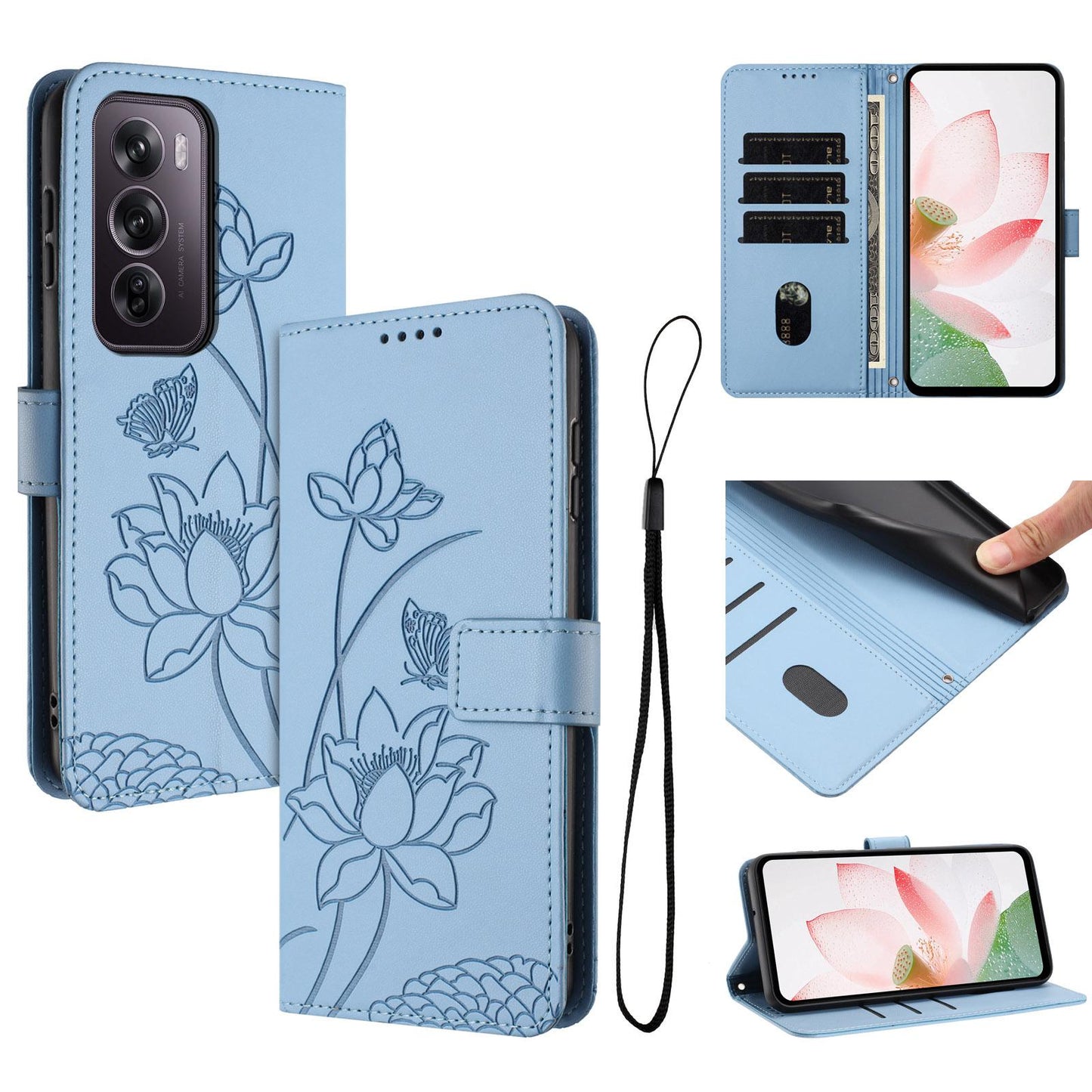 OPPO Reno12 Pro 5G Lotus Embossed PU Leather Wallet Phone Case with Card Holder, Cash Pocket, Magnetic Flip Stand Cover, Wrist Lanyard Strap, Shockproof TPU Protective Folio Case - Purple