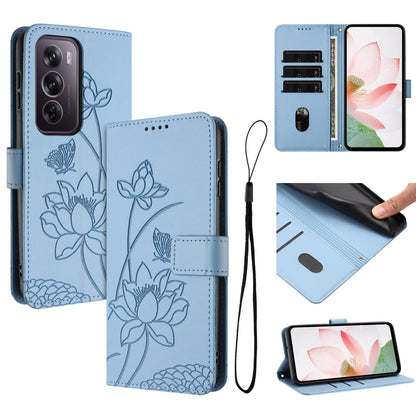 OPPO Reno12 Pro 5G Lotus Embossed PU Leather Wallet Phone Case with Card Holder, Cash Pocket, Magnetic Flip Stand Cover, Wrist Lanyard Strap, Shockproof TPU Protective Folio Case - Purple