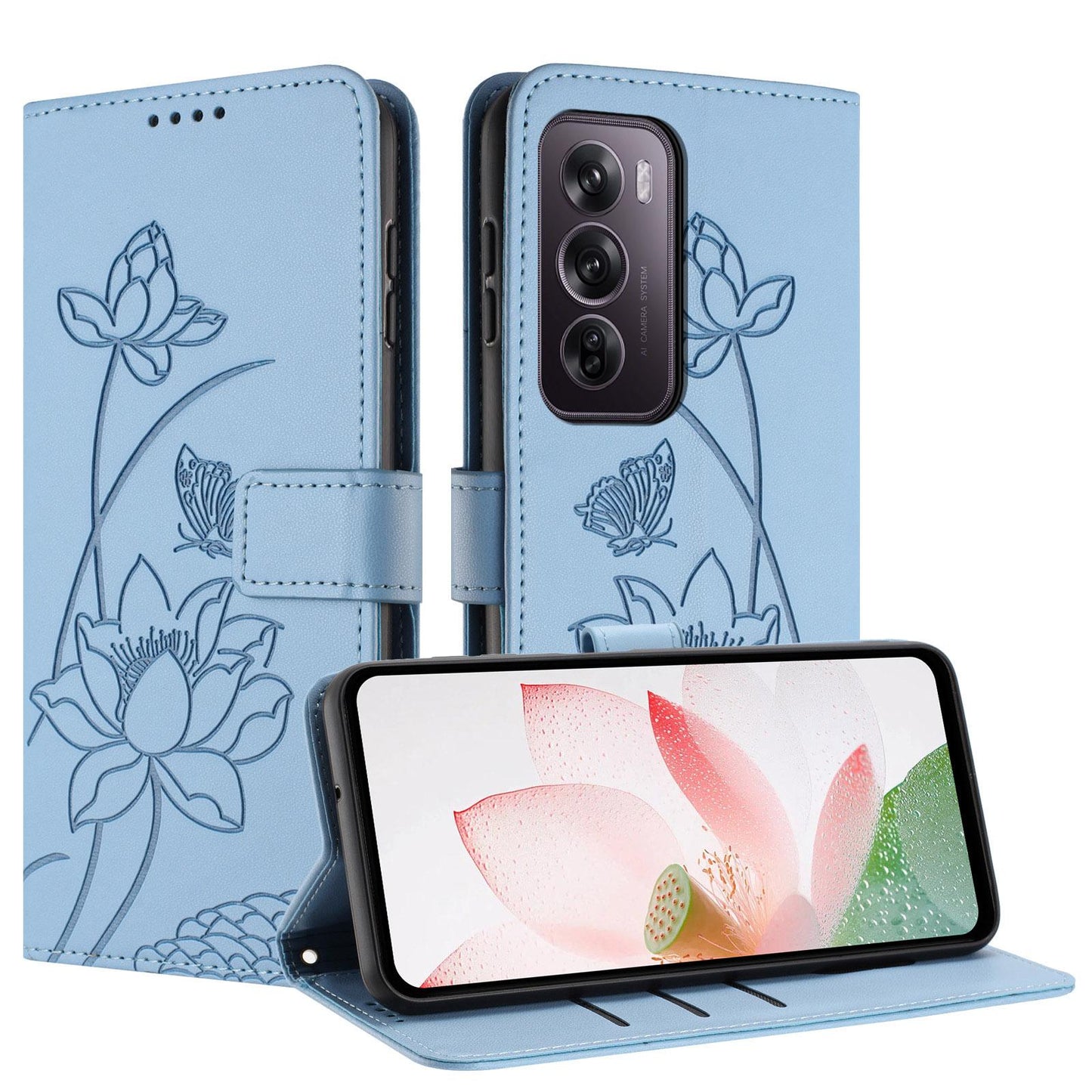OPPO Reno12 Pro 5G Lotus Embossed PU Leather Wallet Phone Case with Card Holder, Cash Pocket, Magnetic Flip Stand Cover, Wrist Lanyard Strap, Shockproof TPU Protective Folio Case - Purple