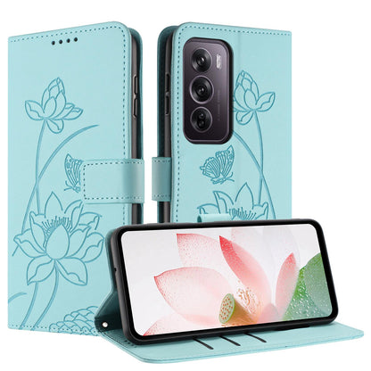 OPPO Reno12 Pro 5G Lotus Embossed PU Leather Wallet Phone Case with Card Holder, Cash Pocket, Magnetic Flip Stand Cover, Wrist Lanyard Strap, Shockproof TPU Protective Folio Case - Purple