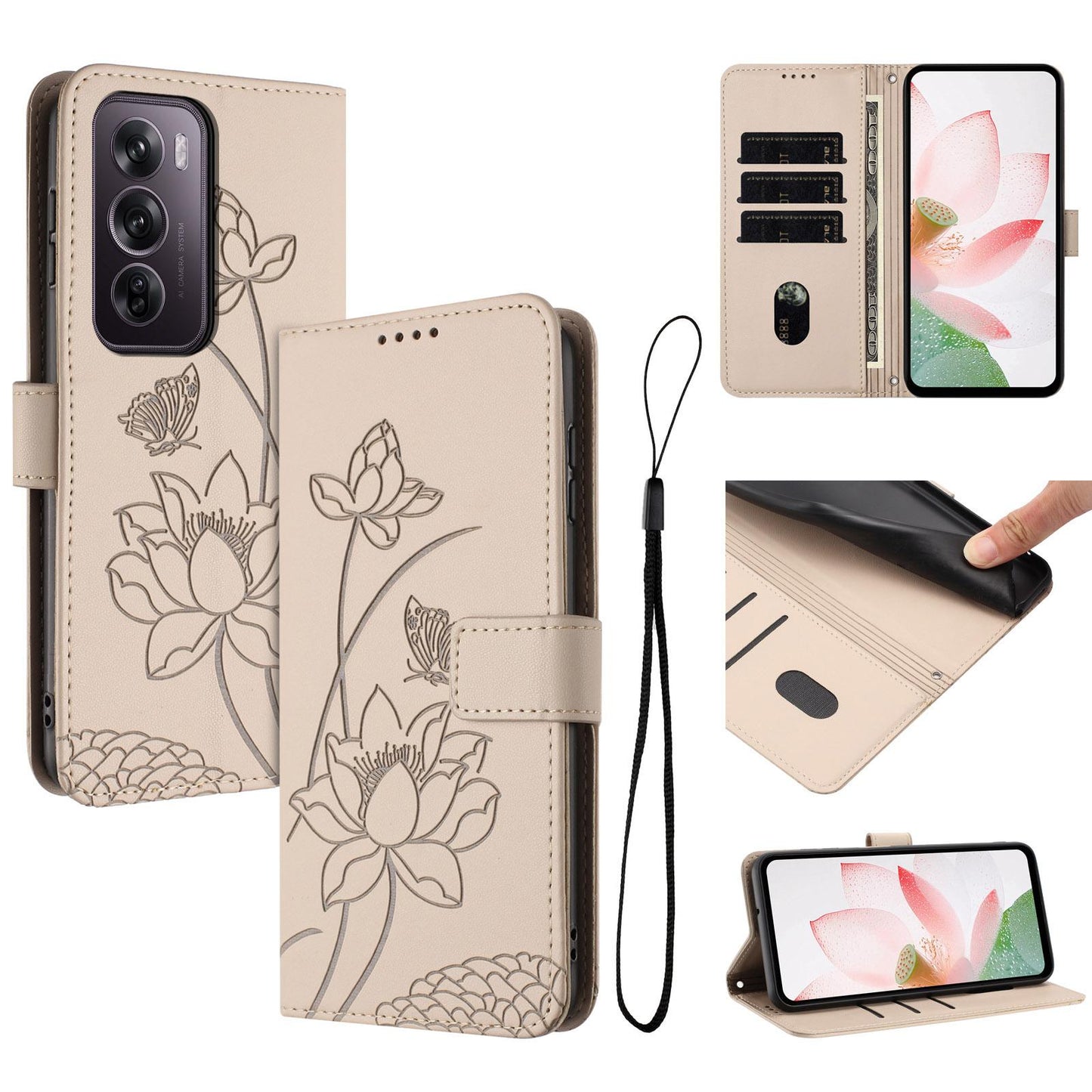 OPPO Reno12 Pro 5G Lotus Embossed PU Leather Wallet Phone Case with Card Holder, Cash Pocket, Magnetic Flip Stand Cover, Wrist Lanyard Strap, Shockproof TPU Protective Folio Case - Purple