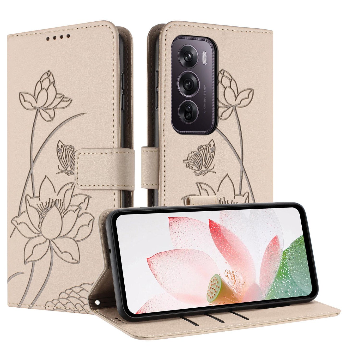 OPPO Reno12 Pro 5G Lotus Embossed PU Leather Wallet Phone Case with Card Holder, Cash Pocket, Magnetic Flip Stand Cover, Wrist Lanyard Strap, Shockproof TPU Protective Folio Case - Purple