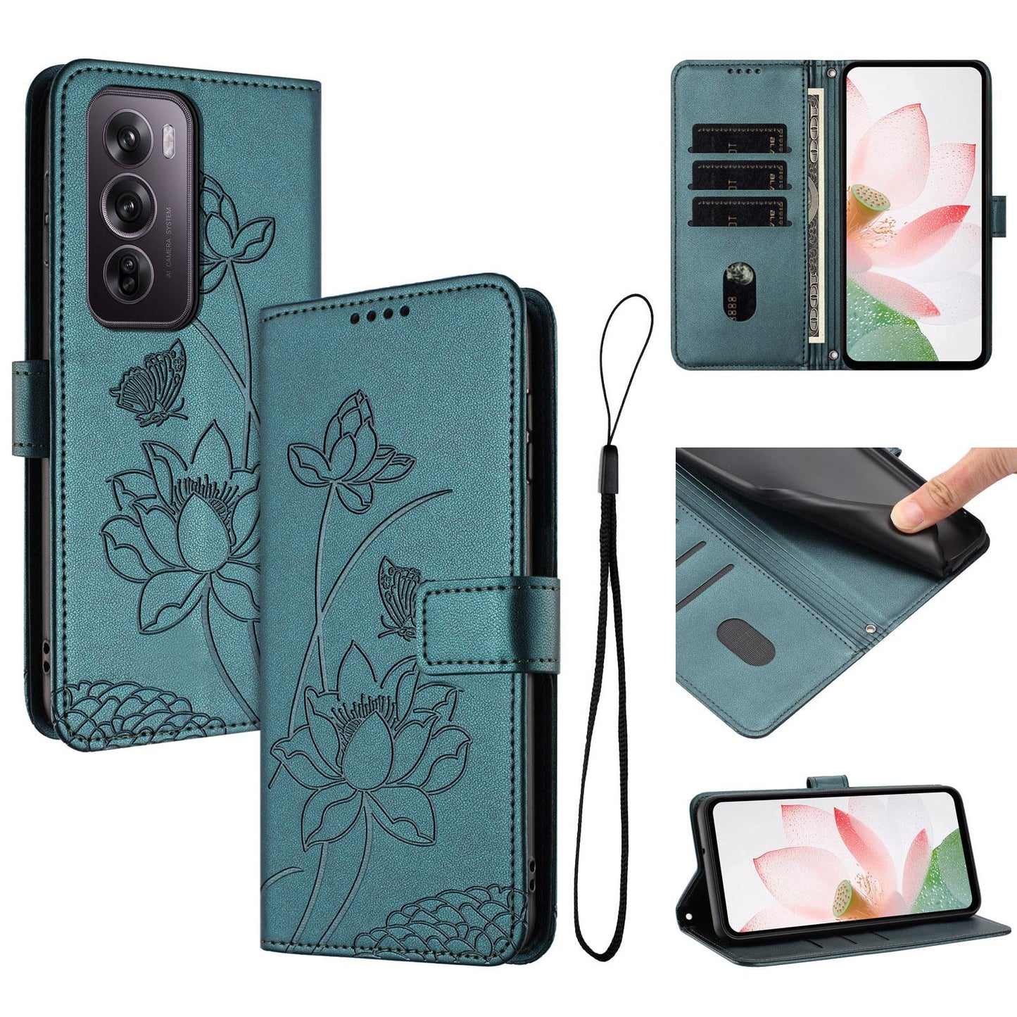 OPPO Reno12 Pro 5G Lotus Embossed PU Leather Wallet Phone Case with Card Holder, Cash Pocket, Magnetic Flip Stand Cover, Wrist Lanyard Strap, Shockproof TPU Protective Folio Case - Purple