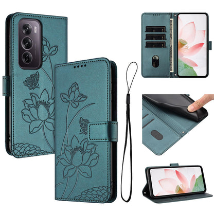 OPPO Reno12 Pro 5G Lotus Embossed PU Leather Wallet Phone Case with Card Holder, Cash Pocket, Magnetic Flip Stand Cover, Wrist Lanyard Strap, Shockproof TPU Protective Folio Case - Purple