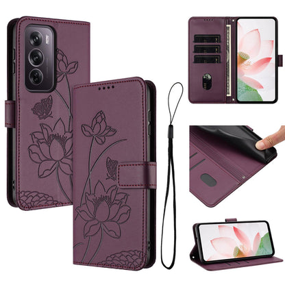 OPPO Reno12 Pro 5G Lotus Embossed PU Leather Wallet Phone Case with Card Holder, Cash Pocket, Magnetic Flip Stand Cover, Wrist Lanyard Strap, Shockproof TPU Protective Folio Case - Purple