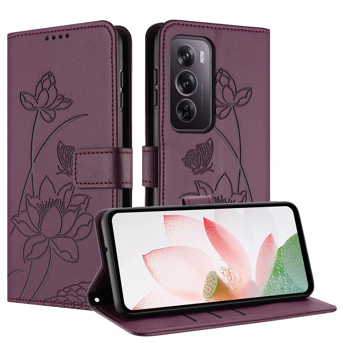 OPPO Reno12 Pro 5G Lotus Embossed PU Leather Wallet Phone Case with Card Holder, Cash Pocket, Magnetic Flip Stand Cover, Wrist Lanyard Strap, Shockproof TPU Protective Folio Case - Purple