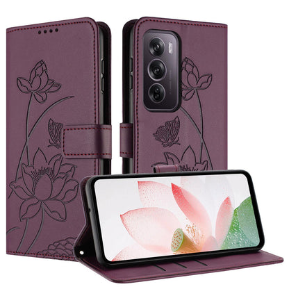OPPO Reno12 Pro 5G Lotus Embossed PU Leather Wallet Phone Case with Card Holder, Cash Pocket, Magnetic Flip Stand Cover, Wrist Lanyard Strap, Shockproof TPU Protective Folio Case - Purple