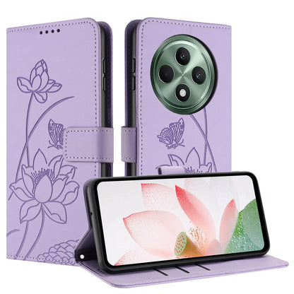 OPPO Reno12 F 5G Lotus Embossed PU Leather Wallet Phone Case with Card Holder, Cash Pocket, Magnetic Flip Stand Cover, Wrist Lanyard Strap, Shockproof TPU Protective Folio Case - Purple