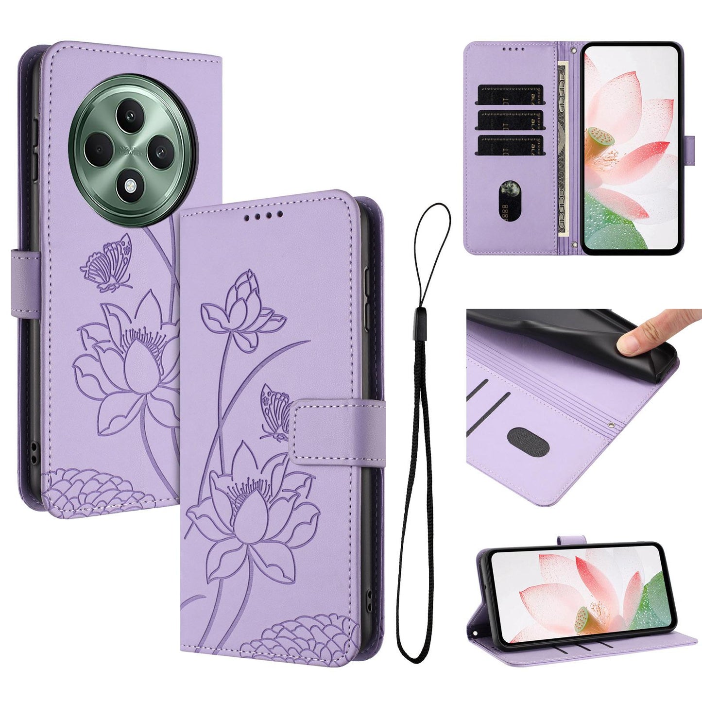 OPPO Reno12 F 4G Lotus Embossed PU Leather Wallet Phone Case with Card Holder, Cash Pocket, Magnetic Flip Stand Cover, Wrist Lanyard Strap, Shockproof TPU Protective Folio Case - Purple