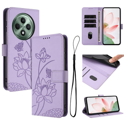 OPPO Reno12 F 4G Lotus Embossed PU Leather Wallet Phone Case with Card Holder, Cash Pocket, Magnetic Flip Stand Cover, Wrist Lanyard Strap, Shockproof TPU Protective Folio Case - Purple
