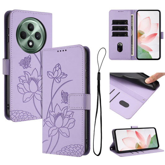 OPPO Reno12 F 4G Lotus Embossed PU Leather Wallet Phone Case with Card Holder, Cash Pocket, Magnetic Flip Stand Cover, Wrist Lanyard Strap, Shockproof TPU Protective Folio Case - Purple