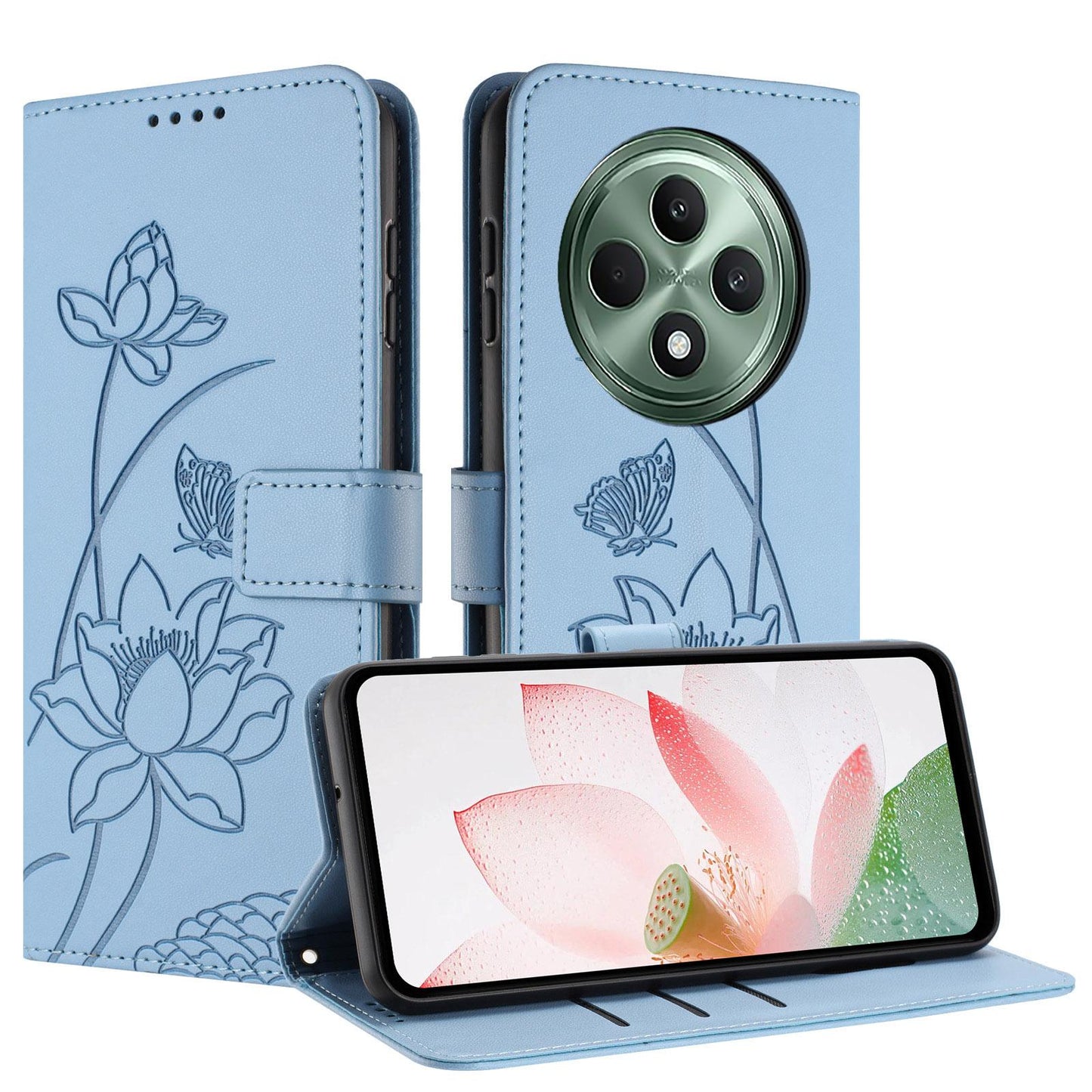 OPPO Reno12 F 5G Lotus Embossed PU Leather Wallet Phone Case with Card Holder, Cash Pocket, Magnetic Flip Stand Cover, Wrist Lanyard Strap, Shockproof TPU Protective Folio Case - Purple