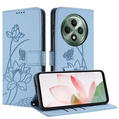 OPPO Reno12 F 5G Lotus Embossed PU Leather Wallet Phone Case with Card Holder, Cash Pocket, Magnetic Flip Stand Cover, Wrist Lanyard Strap, Shockproof TPU Protective Folio Case - Purple