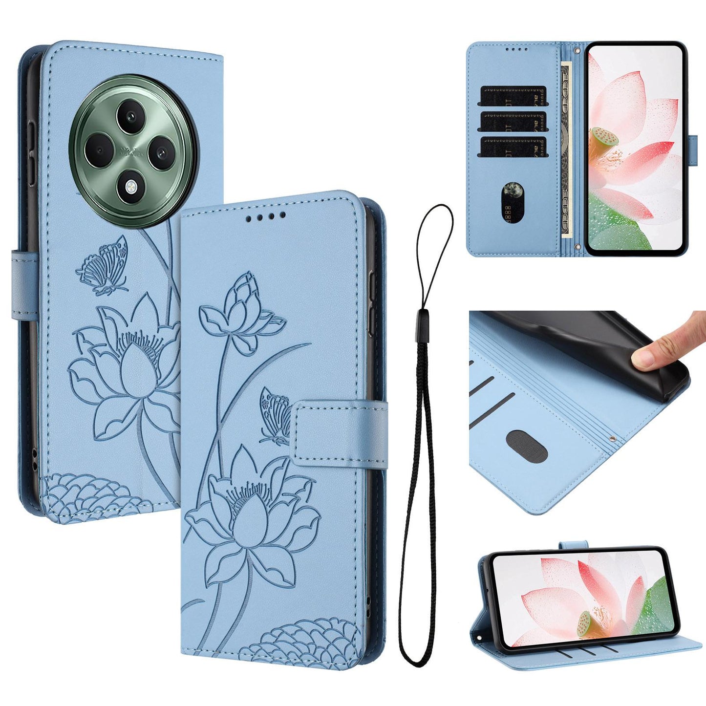 OPPO Reno12 F 4G Lotus Embossed PU Leather Wallet Phone Case with Card Holder, Cash Pocket, Magnetic Flip Stand Cover, Wrist Lanyard Strap, Shockproof TPU Protective Folio Case - Purple