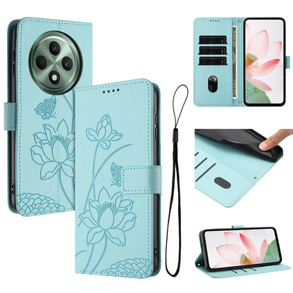 OPPO Reno12 F 5G Lotus Embossed PU Leather Wallet Phone Case with Card Holder, Cash Pocket, Magnetic Flip Stand Cover, Wrist Lanyard Strap, Shockproof TPU Protective Folio Case - Purple