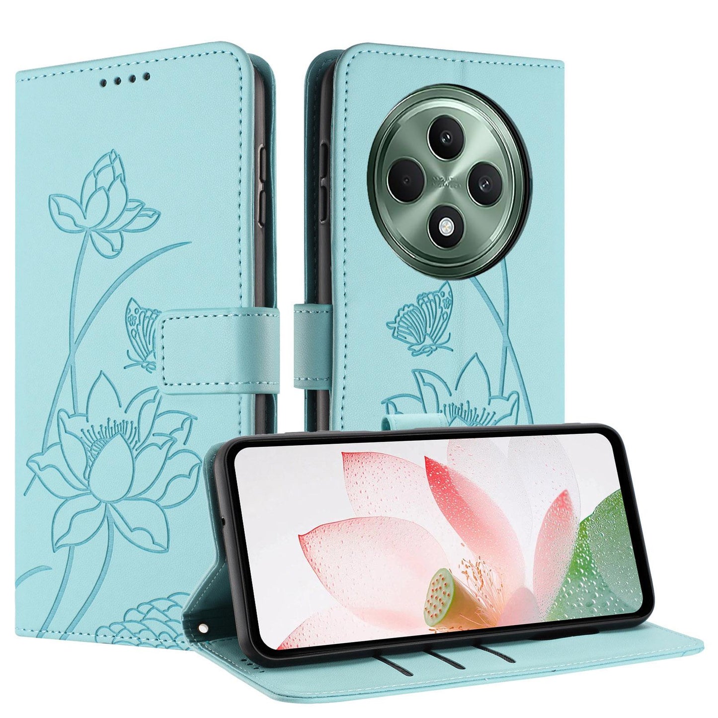 OPPO Reno12 F 4G Lotus Embossed PU Leather Wallet Phone Case with Card Holder, Cash Pocket, Magnetic Flip Stand Cover, Wrist Lanyard Strap, Shockproof TPU Protective Folio Case - Purple