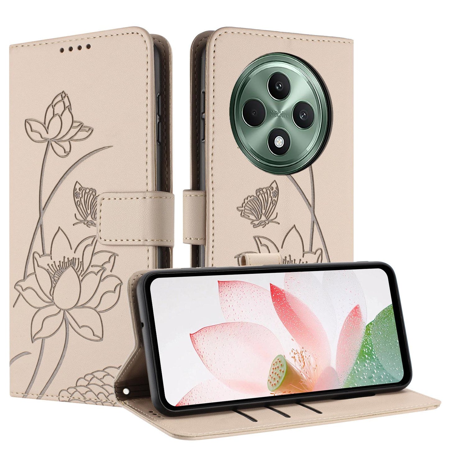 OPPO Reno12 F 4G Lotus Embossed PU Leather Wallet Phone Case with Card Holder, Cash Pocket, Magnetic Flip Stand Cover, Wrist Lanyard Strap, Shockproof TPU Protective Folio Case - Purple