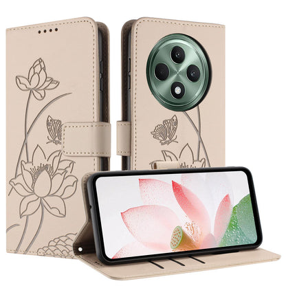 OPPO Reno12 F 4G Lotus Embossed PU Leather Wallet Phone Case with Card Holder, Cash Pocket, Magnetic Flip Stand Cover, Wrist Lanyard Strap, Shockproof TPU Protective Folio Case - Purple