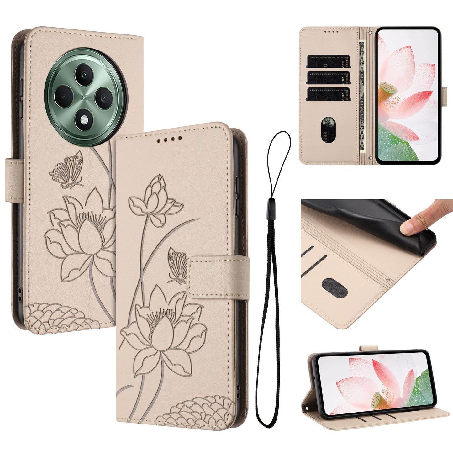 OPPO Reno12 F 4G Lotus Embossed PU Leather Wallet Phone Case with Card Holder, Cash Pocket, Magnetic Flip Stand Cover, Wrist Lanyard Strap, Shockproof TPU Protective Folio Case - Purple